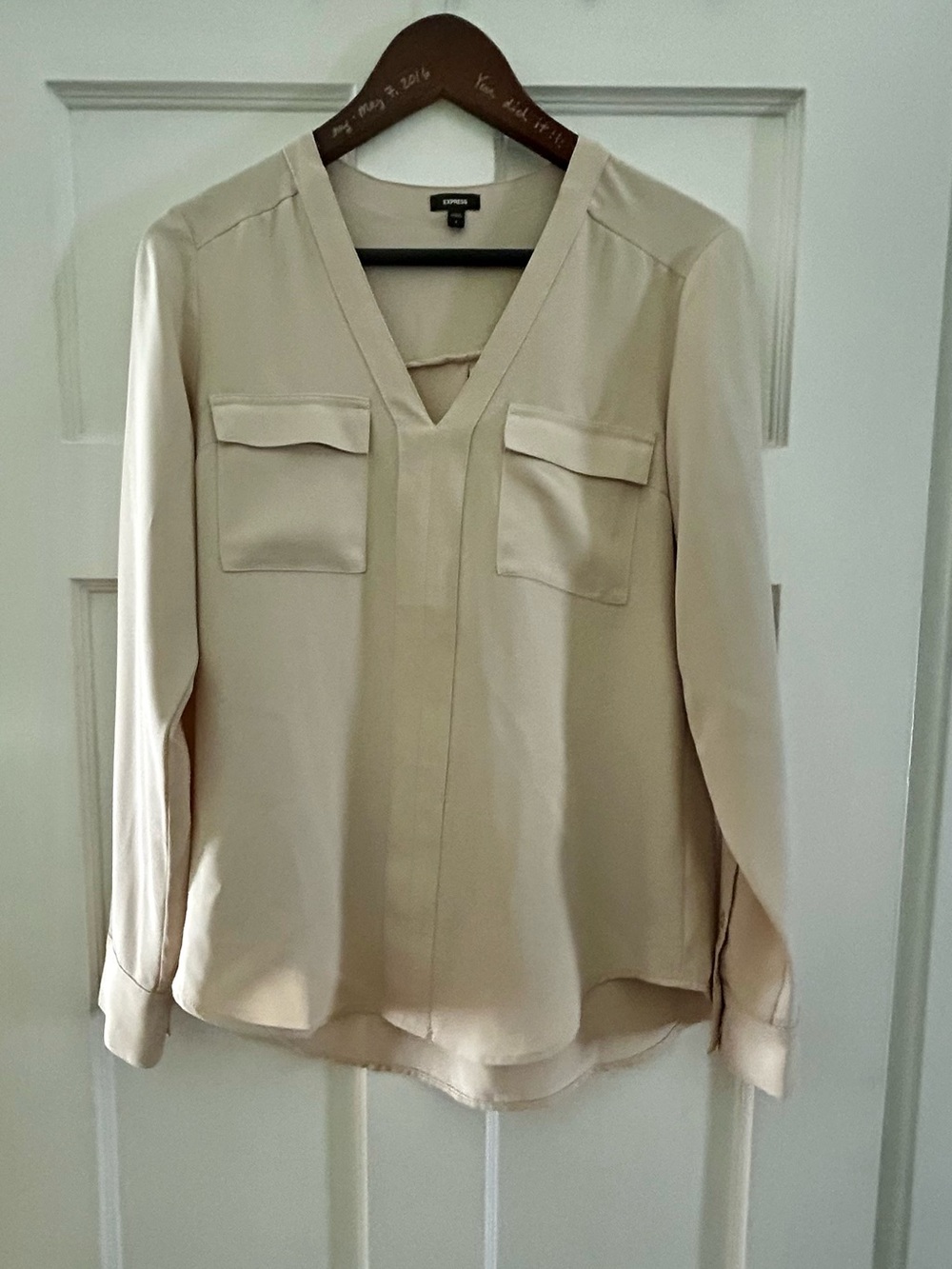 Express Cream V-Neck Utility Blouse with Chest Pockets